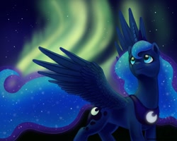 Size: 900x720 | Tagged: dead source, safe, artist:laurenmagpie, princess luna, alicorn, pony, aurora borealis, female, looking up, mare, photoshop, solo, spread wings, wings