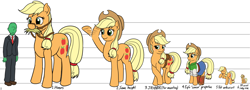 Size: 3562x1280 | Tagged: safe, artist:mkogwheel, applejack, oc, oc:anon, human, pony, behaving like a cat, big, blonde, blushing, boots, bridle, clothes, cowboy hat, cute, denim skirt, equestria girls outfit, freckles, hat, hatless, hay, hoers, horses doing horse things, jackletree, jrhnbr, licking, micro, missing accessory, multeity, pony sized pony, reins, ruby, saddle, shoes, size chart, size comparison, skirt, stetson, tack, tongue out
