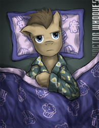 Size: 700x900 | Tagged: safe, artist:saturnspace, doctor whooves, earth pony, pony, bed, clothes, insomnia, male, muffin, pajamas, photoshop, solo, stallion