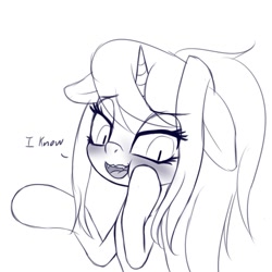 Size: 1233x1233 | Tagged: safe, artist:an-m, oc, oc only, oc:tezla, pony, unicorn, blushing, dialogue, fangs, monochrome, ponytail