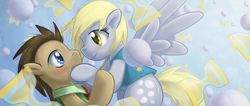 Size: 1419x600 | Tagged: safe, artist:saturnspace, derpy hooves, doctor whooves, earth pony, pegasus, pony, winter wrap up, abstract background, blushing, clothes, doctorderpy, eye contact, female, flying, looking at each other, male, mare, photoshop, shipping, spread wings, stallion, straight, vest, wings, winter wrap up vest