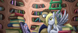Size: 1702x720 | Tagged: safe, artist:saturnspace, derpy hooves, doctor whooves, earth pony, pegasus, pony, book, doctorderpy, female, glasses, golden oaks library, library, male, mare, photoshop, shipping, stallion, straight