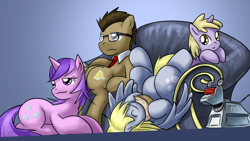 Size: 1000x563 | Tagged: safe, artist:saturnspace, amethyst star, derpy hooves, dinky hooves, doctor whooves, sparkler, earth pony, pegasus, pony, unicorn, crossover, daughter, doctor who, doctorderpy, equestria's best daughter, equestria's best mother, family, father, female, filly, glasses, gradient background, k-9, male, mare, mother, muffin, photoshop, shipping, stallion, straight