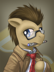 Size: 900x1200 | Tagged: safe, artist:saturnspace, doctor whooves, earth pony, pony, bust, clothes, colored pupils, crossover, doctor who, glasses, male, mouth hold, photoshop, solo, sonic screwdriver, stallion