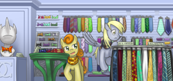 Size: 1280x600 | Tagged: safe, artist:saturnspace, carrot top, derpy hooves, golden harvest, earth pony, pegasus, pony, 1337, bowtie, duo, female, inside, mare, necktie, photoshop, shop, shopping