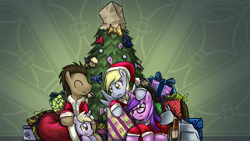 Size: 1280x720 | Tagged: safe, artist:saturnspace, amethyst star, derpy hooves, dinky hooves, doctor whooves, sparkler, earth pony, pegasus, pony, unicorn, abstract background, christmas, crossover, doctor who, female, filly, glasses, hat, hearth's warming eve, k-9, male, mare, photoshop, santa hat, stallion, wallpaper
