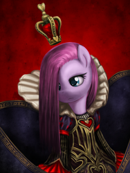 Size: 900x1200 | Tagged: safe, artist:saturnspace, pinkie pie, earth pony, pony, alice, alice madness returns, american mcgee's alice, clothes, crossover, crown, female, frown, heart, mare, photoshop, pinkamena diane pie, red queen, solo