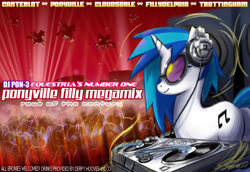 Size: 1200x825 | Tagged: safe, artist:johnjoseco, dj pon-3, vinyl scratch, pony, unicorn, crowd, female, headphones, mare, photoshop, poster, solo focus, text