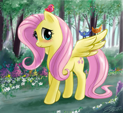 Size: 1100x1012 | Tagged: safe, artist:johnjoseco, fluttershy, bird, pegasus, pony, blushing, cute, female, forest, mare, photoshop, solo