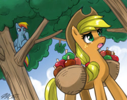 Size: 1020x805 | Tagged: safe, artist:johnjoseco, applejack, rainbow dash, earth pony, pegasus, pony, apple, basket, female, food, mare, photoshop, tree