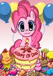 Size: 780x1101 | Tagged: safe, artist:johnjoseco, pinkie pie, earth pony, pony, balloon, birthday, cake, cute, diapinkes, female, looking at you, mare, photoshop, solo
