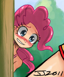 Size: 300x362 | Tagged: safe, artist:johnjoseco, pinkie pie, human, blushing, female, humanized, peeking, photoshop, solo