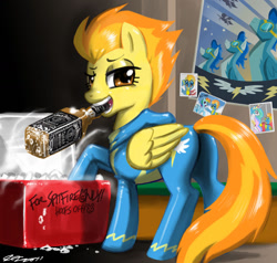 Size: 1200x1142 | Tagged: safe, artist:johnjoseco, spitfire, pegasus, pony, alcohol, cooler, drunk, female, ice, jack daniel's, mare, mouth hold, photoshop, plot, poster, whiskey, wonderbolts, wonderbolts poster