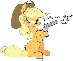 Size: 1256x1044 | Tagged: safe, artist:hattsy, applejack, earth pony, pony, delet this, dialogue, female, gun, handgun, hoof hold, mare, revolver, simple background, sitting, solo, vulgar, weapon, white background