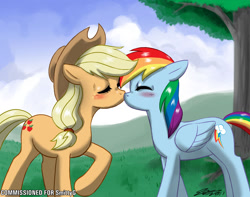 Size: 1200x947 | Tagged: safe, artist:johnjoseco, applejack, rainbow dash, earth pony, pegasus, pony, appledash, applejack's hat, blushing, cowboy hat, female, hat, kissing, lesbian, love, mare, photoshop, shipping