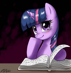 Size: 900x913 | Tagged: safe, artist:johnjoseco, twilight sparkle, unicorn twilight, pony, unicorn, blushing, book, female, mare, photoshop, smiling, solo