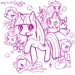 Size: 550x550 | Tagged: safe, artist:toraneko, applejack, fluttershy, pinkie pie, rainbow dash, rarity, spike, twilight sparkle, dragon, earth pony, pegasus, pony, unicorn, female, mare, scroll, sketch, smiling, smirk, wink