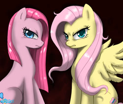 Size: 1200x1013 | Tagged: safe, artist:johnjoseco, fluttershy, pinkie pie, earth pony, pegasus, pony, angry, duo, duo female, female, mare, photoshop, pinkamena diane pie, sitting, upset