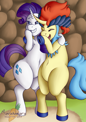 Size: 837x1183 | Tagged: safe, artist:marukomuru, rarity, pony, unicorn, belly button, bipedal, crossover, duo, grin, keldeo, laughing, laughingmares.jpg, open mouth, pokémon, shipping, smiling, underhoof