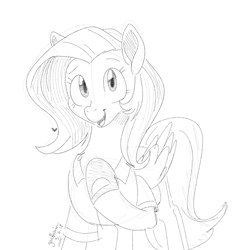 Size: 700x700 | Tagged: safe, artist:goat train, fluttershy, pegasus, pony, clothes, cute, female, lineart, looking at you, mare, monochrome, shirt, shoes, shyabetes, simple background, sketch, smiling, solo, white background