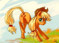 Size: 1500x1100 | Tagged: safe, artist:katiramoon, applejack, earth pony, pony, female, grass, mare, photoshop, solo