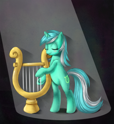 Size: 921x1000 | Tagged: safe, artist:mewball, lyra heartstrings, pony, unicorn, bipedal, eyes closed, female, lyre, mare, music, musical instrument, solo, underhoof