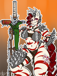 Size: 600x800 | Tagged: safe, artist:mantamasters-art, oc, oc:rampage, anthro, zebra, fallout equestria, fallout equestria: project horizons, amazonian, anthro oc, armor, barbed wire, belly button, breasts, fanfic art, female, gradient background, great ripper (weapon), outline, ripper (weapon), solo, unconvincing armor, weapon, ych result