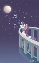 Size: 707x1141 | Tagged: safe, artist:alipes, sweetie belle, pony, unicorn, balcony, female, filly, moon, music, night, sad, singing, solo