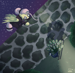 Size: 1094x1069 | Tagged: safe, artist:alipes, fluttershy, bird, peacock, pegasus, pony, alternate hairstyle, badass, badass adorable, cute, female, flutterbadass, looking at something, looking down, mare, night, ninja, outdoors, solo, stray strand, wall, wings