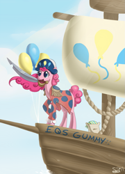 Size: 753x1045 | Tagged: safe, artist:alipes, madame leflour, pinkie pie, earth pony, pony, balloon, bicorne, female, hat, hilarious in hindsight, mare, mouth hold, pirate, ship, sword, weapon