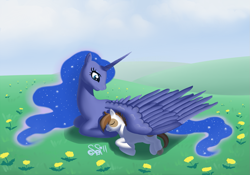 Size: 1179x826 | Tagged: safe, artist:alipes, pipsqueak, princess luna, alicorn, earth pony, pony, colt, female, flower, lunapip, male, mare, prone, shipping, sleeping, straight, wing blanket