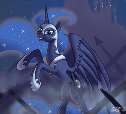 Size: 975x886 | Tagged: safe, artist:alipes, nightmare moon, princess luna, alicorn, pony, castle, female, mare, rearing, solo, war