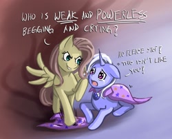 Size: 1050x850 | Tagged: dead source, safe, artist:ninjaham, fluttershy, trixie, pegasus, pony, unicorn, abuse, acdsee, bullying, crying, discorded, duo, duo female, female, floppy ears, flutterbitch, glare, grin, mare, open mouth, prone, sad, shivering, smirk, stomping, trixiebuse