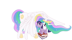 Size: 4859x2733 | Tagged: safe, artist:minimoose772, princess celestia, twilight sparkle, unicorn twilight, alicorn, pony, unicorn, book, female, filly, foal, glowing horn, grin, magic, mare, momlestia, neck hug, neck snuzzle, photoshop, simple background, smiling, spread wings, squee, transparent background, vector, wings down