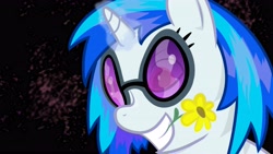 Size: 4859x2733 | Tagged: safe, artist:minimoose772, dj pon-3, vinyl scratch, pony, unicorn, female, flower, flower in mouth, glowing horn, mare, mouth hold, photoshop, solo, sunglasses, wallpaper