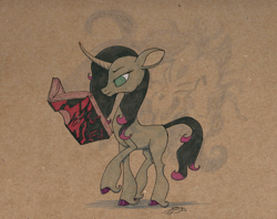 Size: 2000x1585 | Tagged: safe, artist:brisineo, fhtng th§ ¿nsp§kbl, oleander, classical unicorn, unicorn, them's fightin' herds, cloven hooves, community related, curved horn, leonine tail, magic, marker drawing, reading, telekinesis, traditional art, unicornomicon, unshorn fetlocks