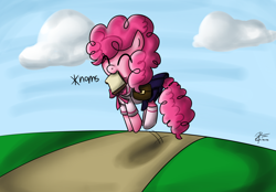 Size: 3450x2400 | Tagged: safe, artist:leadhooves, pinkie pie, earth pony, pony, clothes, eyes closed, female, filly, foal, happy, high res, nom, pronking, saddle bag, sailor uniform, sandwich, schoolgirl, solo