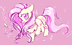 Size: 2750x1727 | Tagged: safe, artist:dawnfire, fluttershy, pegasus, pony, cute, feather, female, floppy ears, looking at you, mare, pink background, shyabetes, simple background, smiling, solo, spread wings, wings