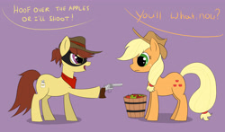 Size: 4350x2550 | Tagged: safe, artist:whiskeypanda, derpibooru exclusive, applejack, earth pony, pony, apple, applejack's hat, bandana, bandit, bucket, cowboy hat, dialogue, face mask, food, gun, hat, hoof hold, purple background, simple background, stealing, text, weapon