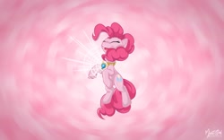 Size: 2520x1575 | Tagged: safe, artist:mysticalpha, pinkie pie, earth pony, pony, abstract background, element of laughter, elements of harmony, eyes closed, female, happy, mare, solo, wallpaper