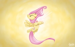 Size: 2520x1575 | Tagged: safe, artist:mysticalpha, fluttershy, pegasus, pony, abstract background, element of kindness, elements of harmony, eyes closed, female, happy, mare, solo, wallpaper