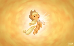 Size: 2520x1575 | Tagged: safe, artist:mysticalpha, applejack, earth pony, pony, abstract background, element of honesty, elements of harmony, eyes closed, female, happy, mare, solo, wallpaper