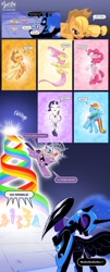 Size: 1170x2904 | Tagged: safe, artist:mysticalpha, applejack, fluttershy, nightmare moon, pinkie pie, rainbow dash, rarity, alicorn, earth pony, pegasus, pony, unicorn, big crown thingy, captain planet and the planeteers, comic, crossover, elements of harmony, female, fight, jewelry, mare, parody, regalia