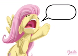 Size: 1120x800 | Tagged: safe, artist:mysticalpha, fluttershy, pegasus, pony, exploitable, eyes closed, female, mare, nose in the air, simple background, solo, underhoof, white background, yelling