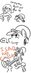 Size: 359x834 | Tagged: safe, artist:jargon scott, oc, oc only, oc:omelette, earth pony, human, pony, comic, cussing, dialogue, female, hat, holding a pony, human female, male, scrunchy face, simple background, speech bubble, stallion, vulgar, white background