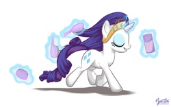 Size: 1680x1050 | Tagged: safe, artist:mysticalpha, rarity, pony, unicorn, big crown thingy, brush, element of generosity, eyes closed, female, hair spray, jewelry, magic, mare, regalia, simple background, solo, telekinesis, wallpaper