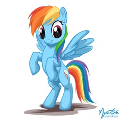 Size: 825x825 | Tagged: safe, artist:mysticalpha, rainbow dash, pegasus, pony, female, mare, rearing, simple background, solo