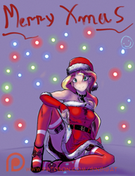 Size: 1280x1666 | Tagged: safe, artist:sinsigat, sunset shimmer, human, armpits, christmas, christmas lights, clothes, costume, hat, holiday, humanized, merry christmas, painting, patreon, patreon logo, santa costume, santa hat