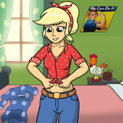 Size: 1280x1280 | Tagged: safe, alternate version, artist:mkogwheel, applejack, better together, equestria girls, five to nine, applejack's bedroom, bed, belly button, clothes, daisy dukes, female, freckles, front knot midriff, midriff, pajamas, rosie the riveter, shorts, solo, we can do it!