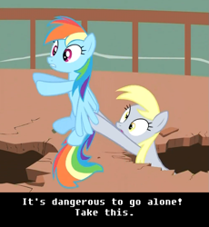 Size: 875x952 | Tagged: safe, edit, edited screencap, screencap, derpy hooves, rainbow dash, pegasus, pony, the last roundup, butt touch, female, holding a pony, hoof on butt, image macro, it's dangerous to go alone, mare, nintendo, take this, the legend of zelda